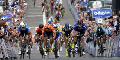 Tim Merlier (far left) sprinting on the second stage of the Tour of Belgium